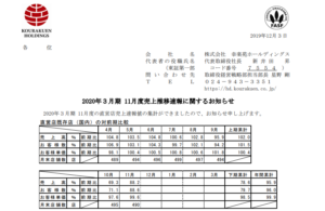 幸楽苑ホールディングス｜2020年３月期 11月度売上推移速報に関するお知らせ