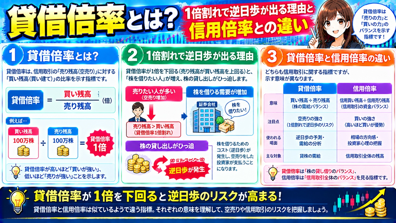 貸借倍率とは?1倍割れで逆日歩が出る理由と信用倍率との違い