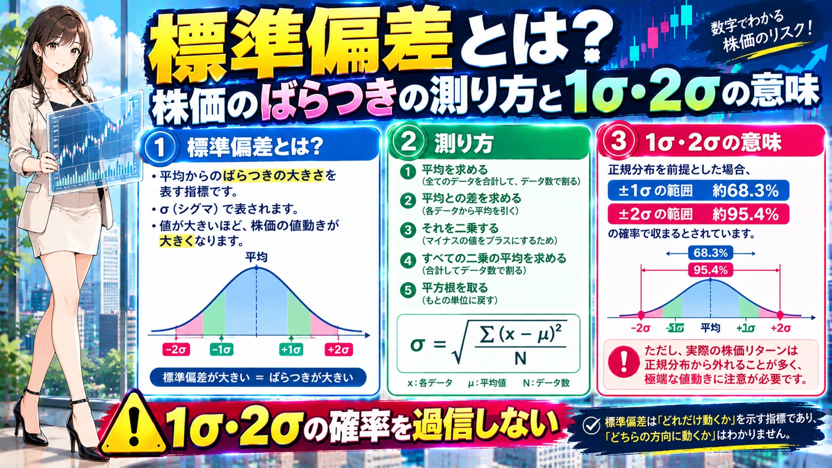標準偏差とは?株価のばらつきの測り方と1σ・2σの意味
