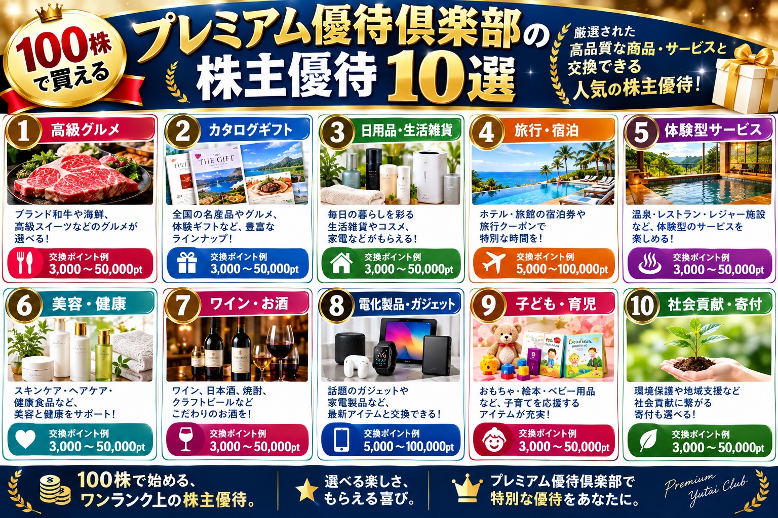 プレミアム優待倶楽部の株主優待10選|100株の実質利回りランキング2026年版