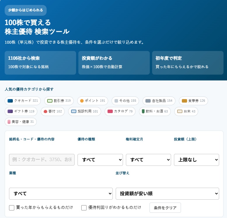 100株で買える株主優待1,106社を検索｜金額・時期・種類で絞り込み
